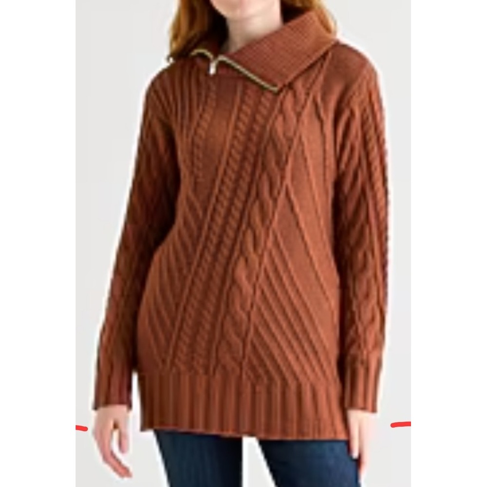 Women Cable Knit Mock Funnel Neck Cabincore Preppy Minimalist Classic Sweater L